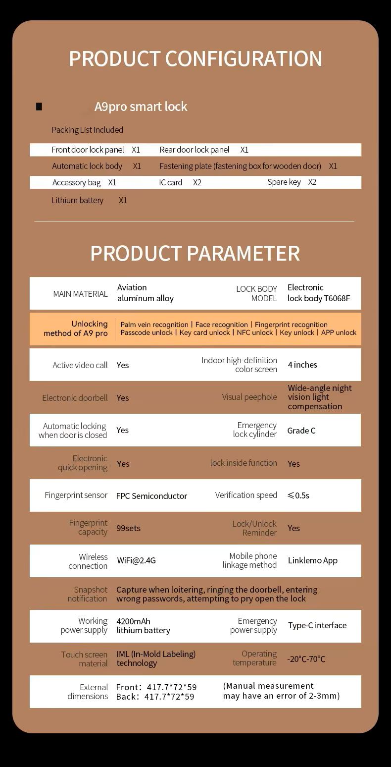 TENON A9 PRO 3D Face Recognition Palm Vein Fingerprint Digital Intelligent Smart Lock