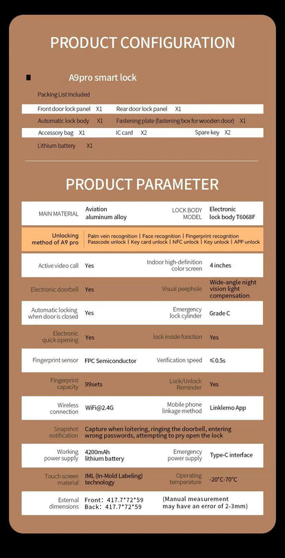 TENON A9 PRO 3D Face Recognition Palm Vein Fingerprint Digital Intelligent Smart Lock