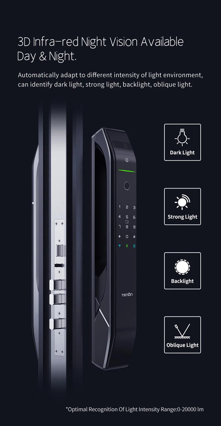 Tenon A7X Electronic Automatic Biometric Fingerprint Face Recognition Lock Tuya APP Wifi Card 3D Face Detection Smart Door Lock