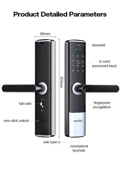 Tenon K6 Tuya Waterproof Electronic Smart Door Lock Digital Intelligent Card Biometric Fingerprint Door Handle Lock