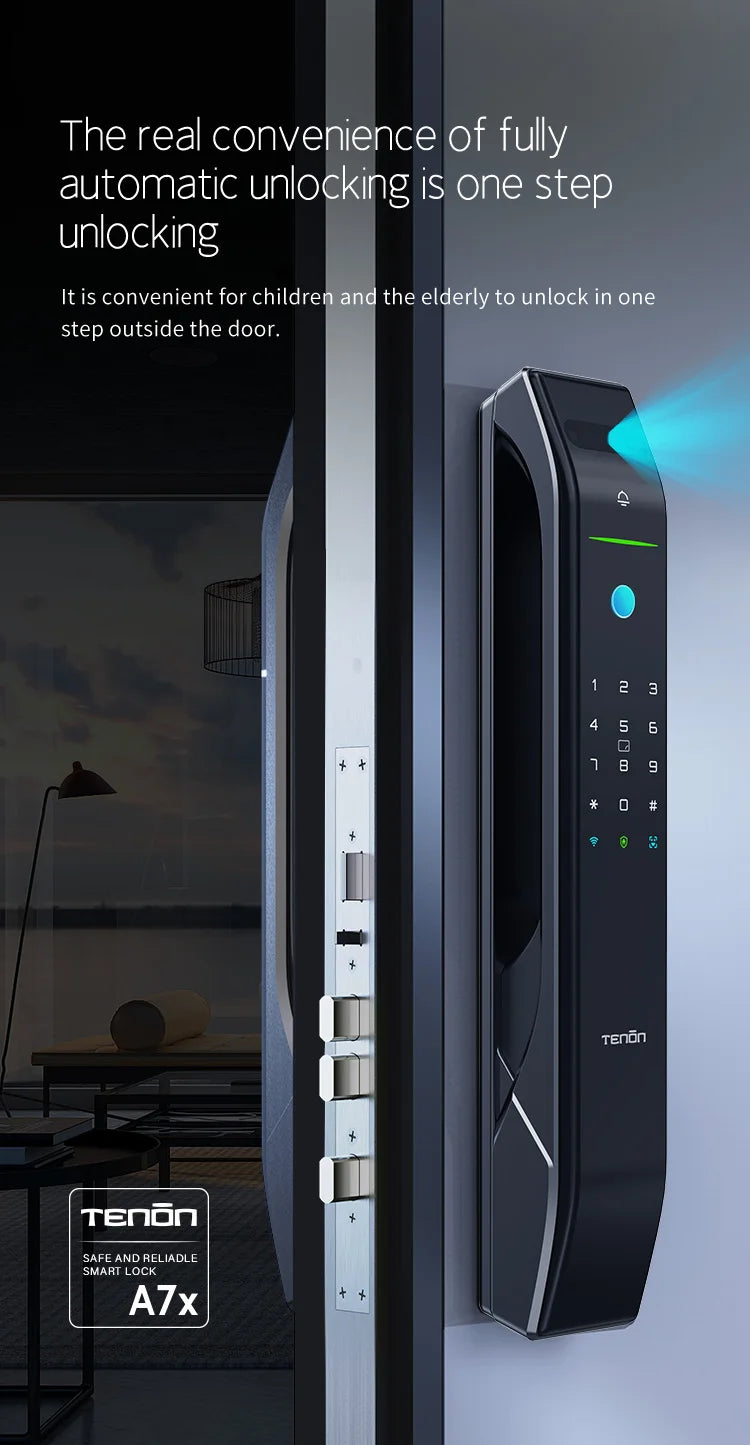 Tenon A7X Electronic Automatic Biometric Fingerprint Face Recognition Lock Tuya APP Wifi Card 3D Face Detection Smart Door Lock