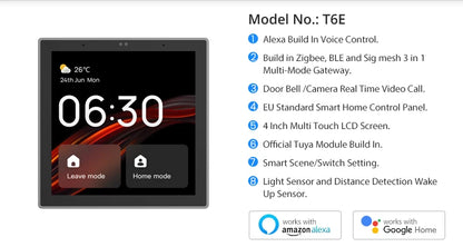AVATTO TE6 Smart Touch Screen Center Control Panel Built In Alexa Tuya Wifi
