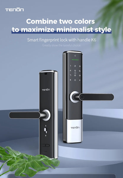 Tenon K6 Tuya Waterproof Electronic Smart Door Lock Digital Intelligent Card Biometric Fingerprint Door Handle Lock