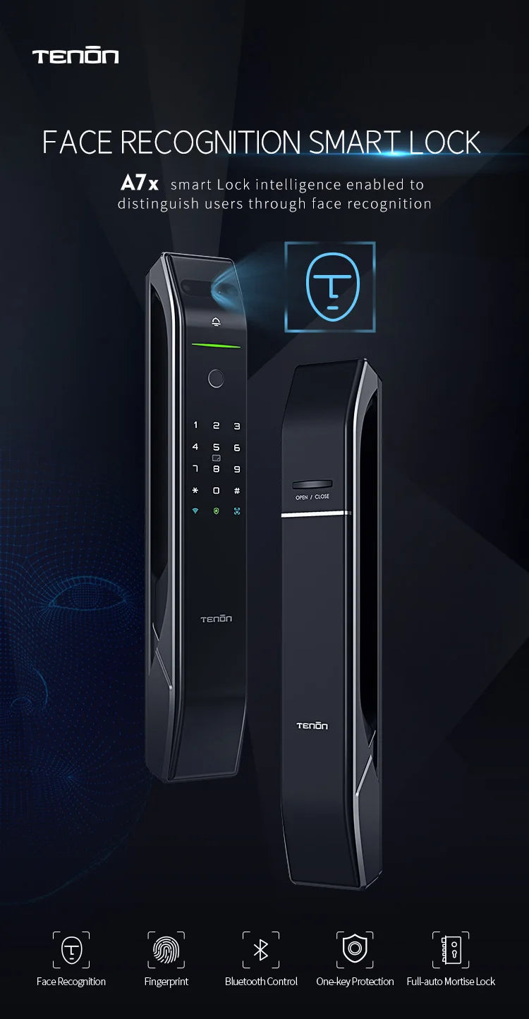 Tenon A7X Electronic Automatic Biometric Fingerprint Face Recognition Lock Tuya APP Wifi Card 3D Face Detection Smart Door Lock