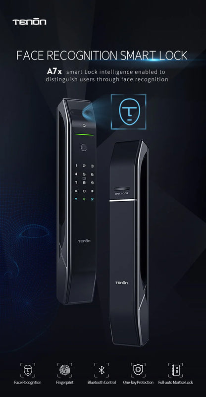 Tenon A7X Electronic Automatic Biometric Fingerprint Face Recognition Lock Tuya APP Wifi Card 3D Face Detection Smart Door Lock